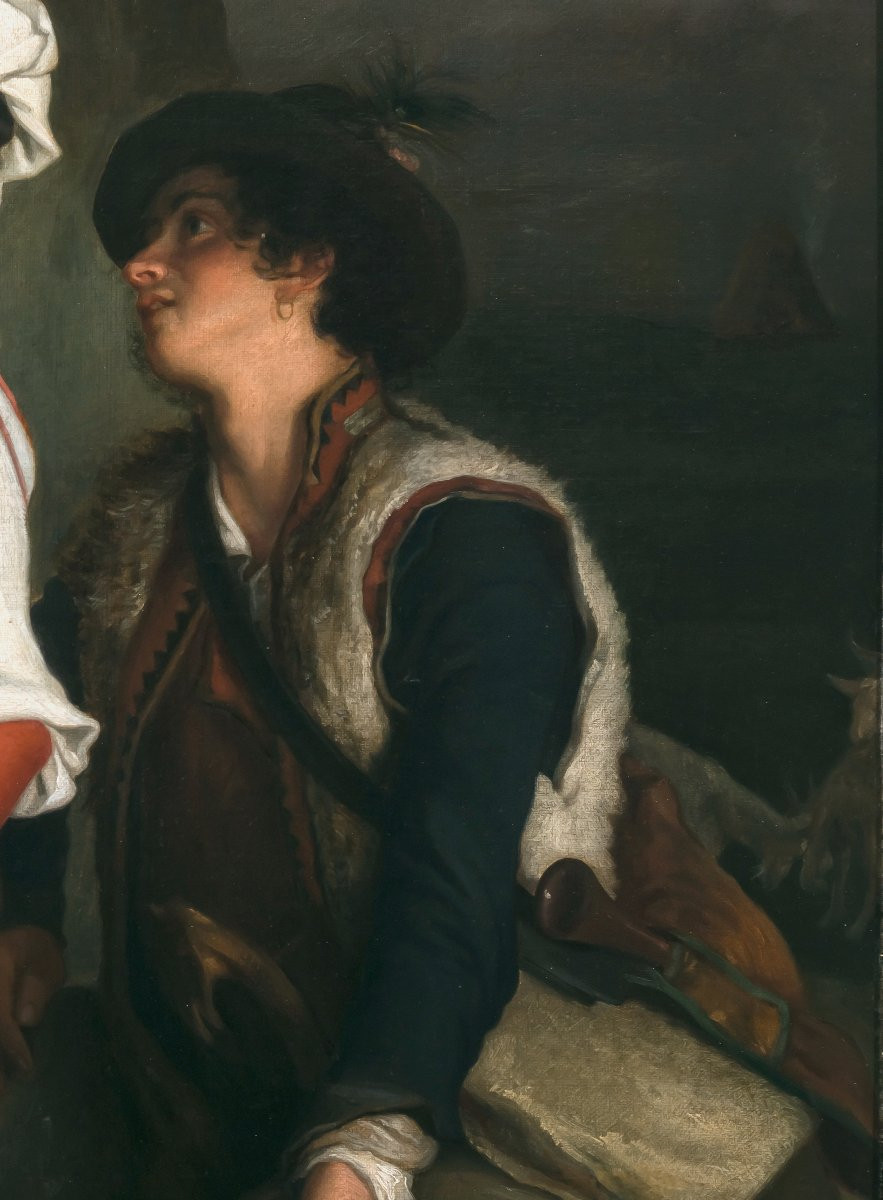 1890 Peinture Huile Romantique Britannique Allemande Scene Italienne Berger et Fille Signee-photo-2