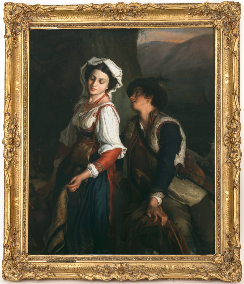 1890 Peinture Huile Romantique Britannique Allemande Scene Italienne Berger et Fille Signee