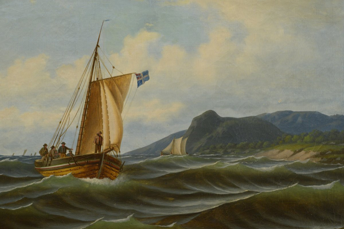 1857 Swedish Romantic Oil Seascape Sailing Fishing Boats Signed By Marcus Larson-photo-3