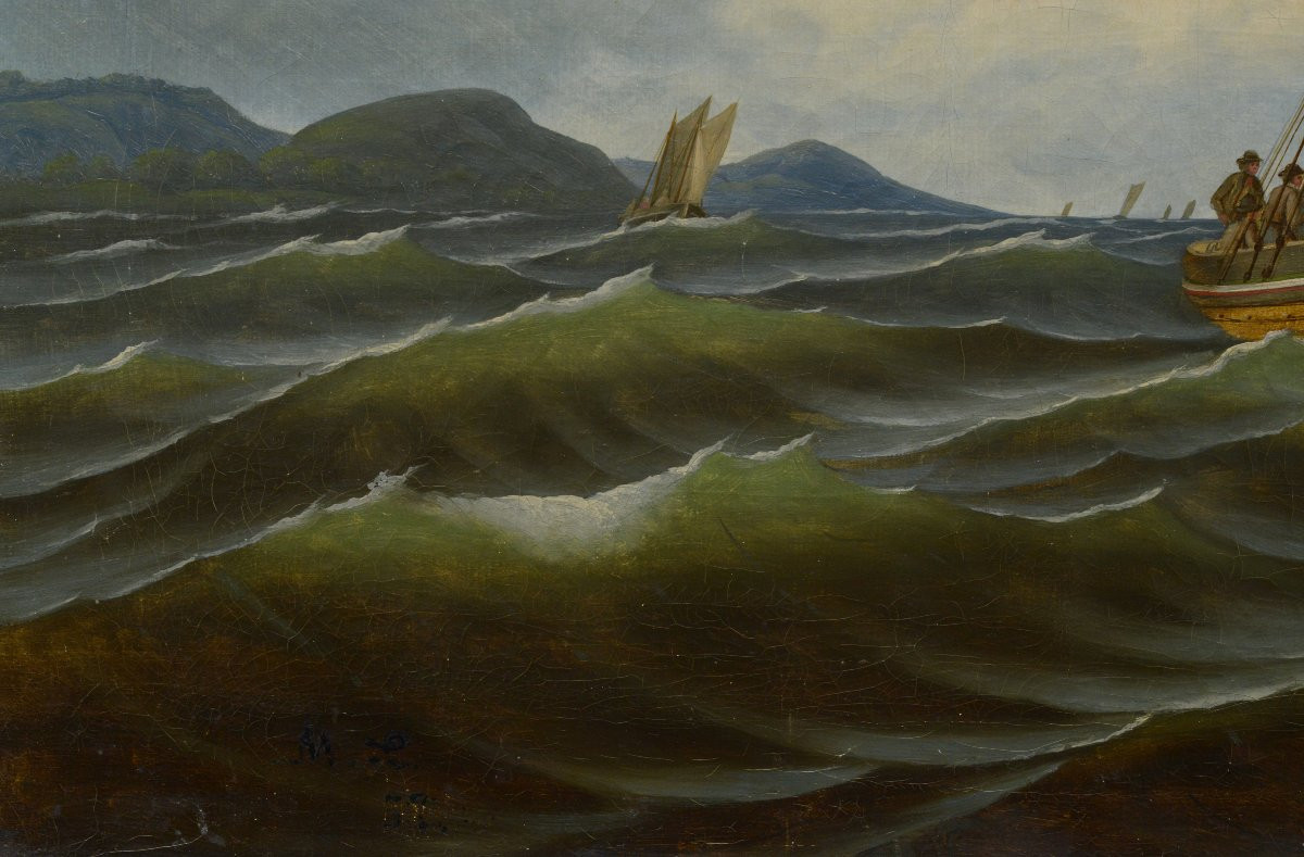 1857 Swedish Romantic Oil Seascape Sailing Fishing Boats Signed By Marcus Larson-photo-4