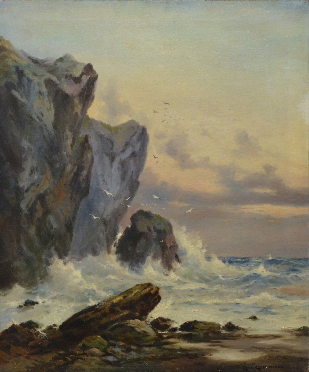 19th Century Romantic Seascape Oil Painting Waves Crashing Coastal Cliffs Signed-photo-2