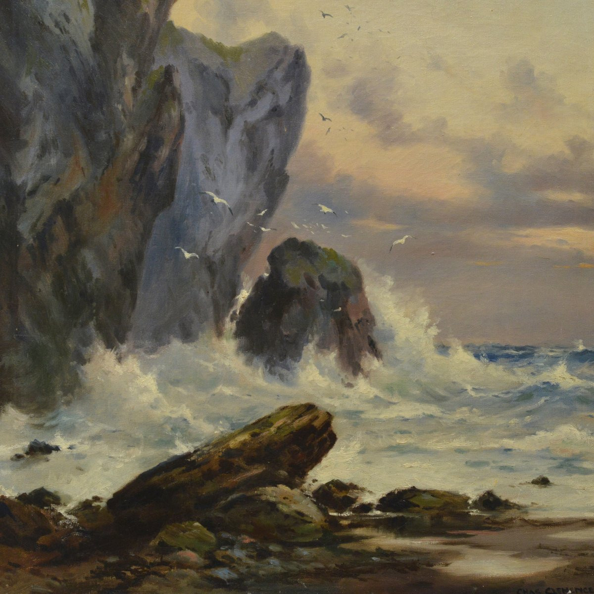 19th Century Romantic Seascape Oil Painting Waves Crashing Coastal Cliffs Signed-photo-3