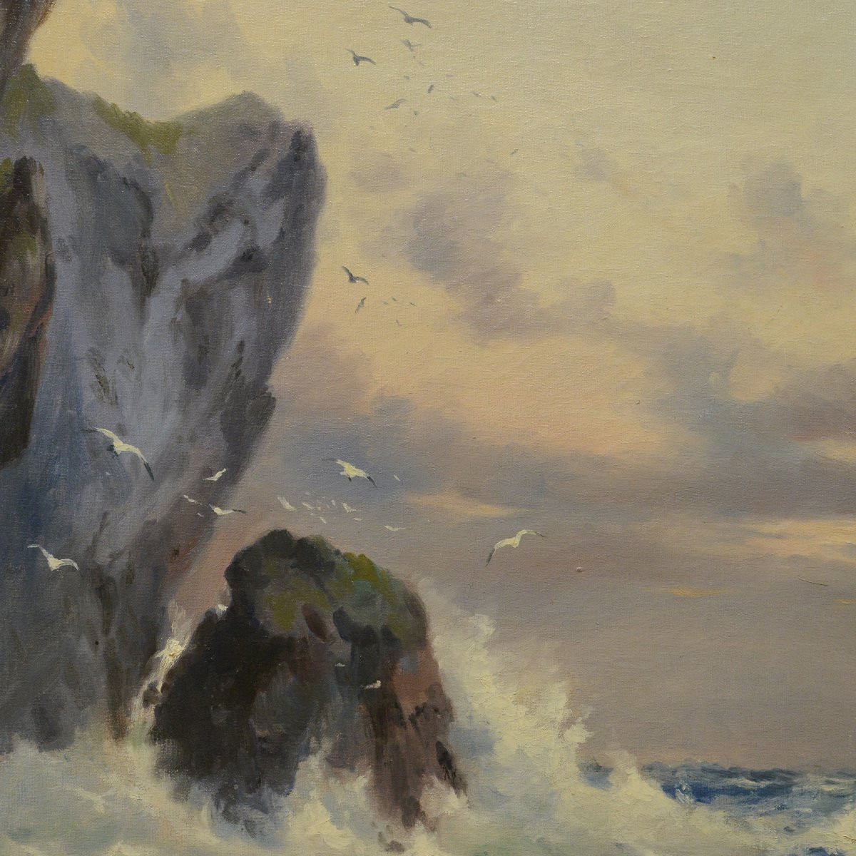 19th Century Romantic Seascape Oil Painting Waves Crashing Coastal Cliffs Signed-photo-4