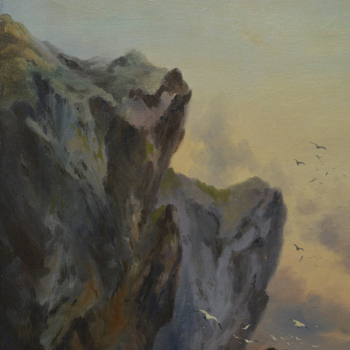 19th Century Romantic Seascape Oil Painting Waves Crashing Coastal Cliffs Signed-photo-1