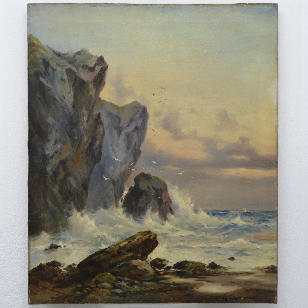 19th Century Romantic Seascape Oil Painting Waves Crashing Coastal Cliffs Signed