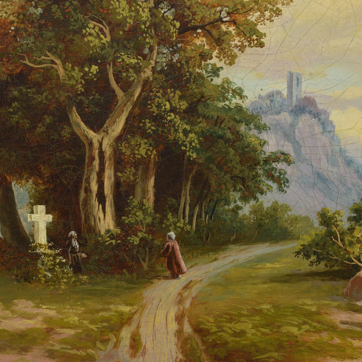 Peinture Huile Paysage Alpin 1869 Moine Croix de Chemin Romantique Signé-photo-3