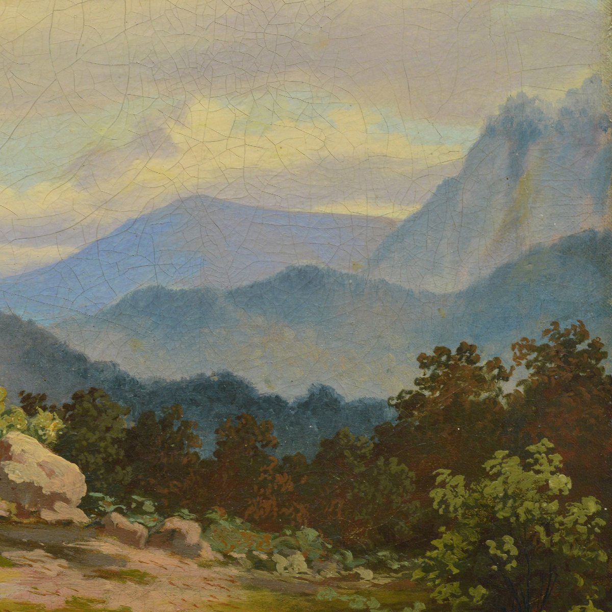 Peinture Huile Paysage Alpin 1869 Moine Croix de Chemin Romantique Signé-photo-4