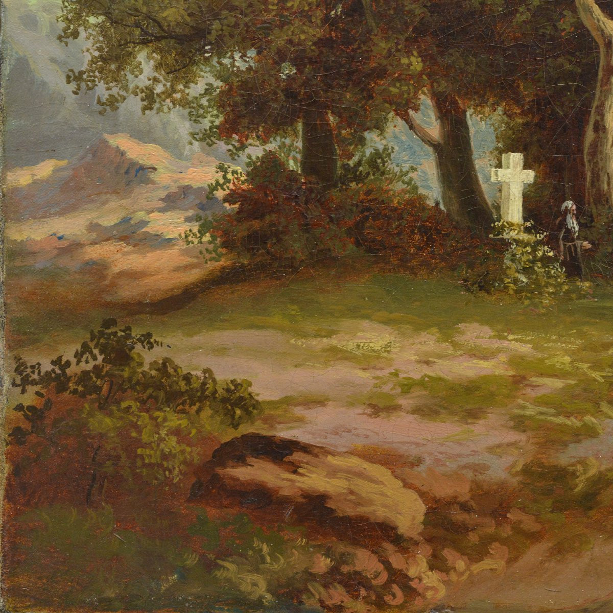 Peinture Huile Paysage Alpin 1869 Moine Croix de Chemin Romantique Signé-photo-1