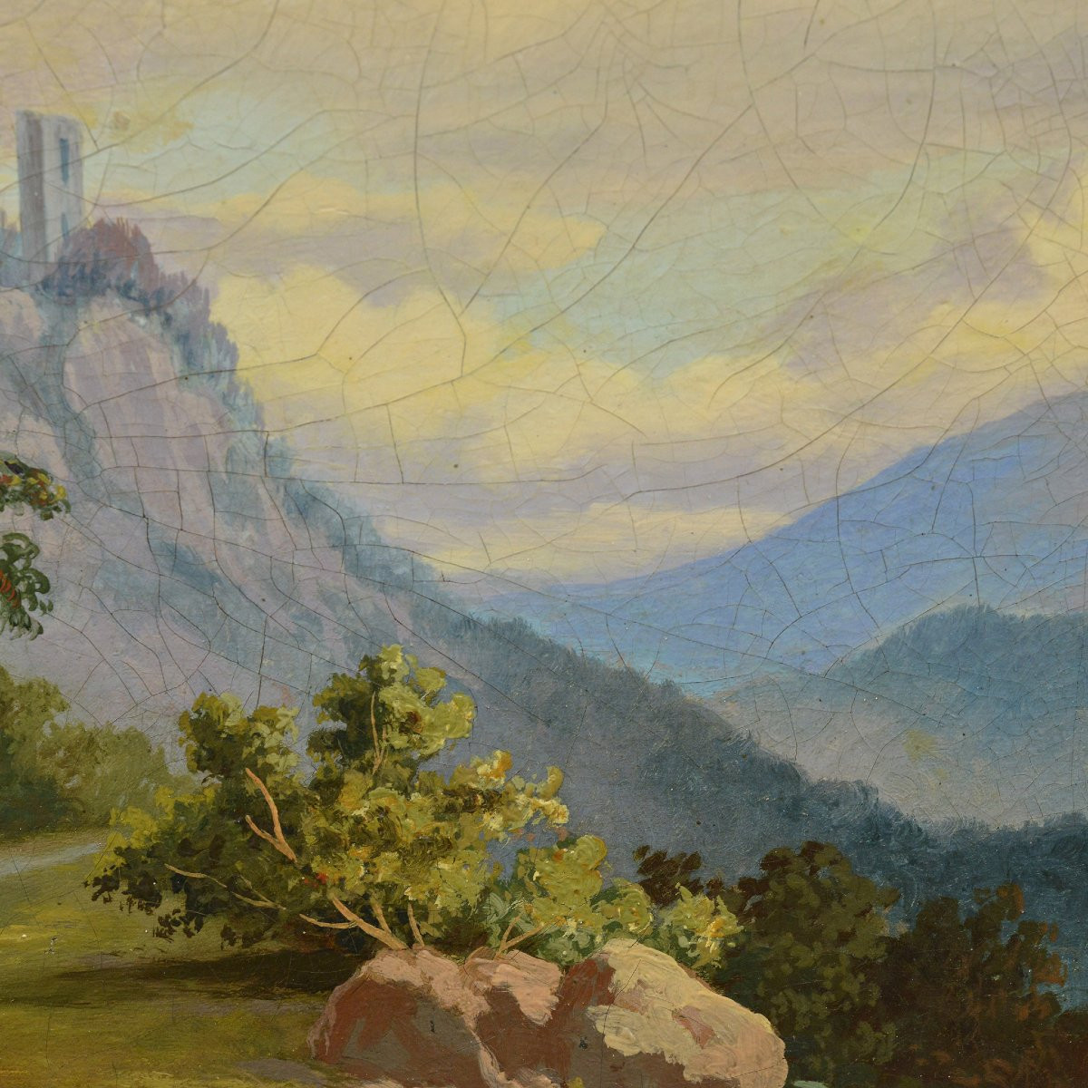 Peinture Huile Paysage Alpin 1869 Moine Croix de Chemin Romantique Signé-photo-3