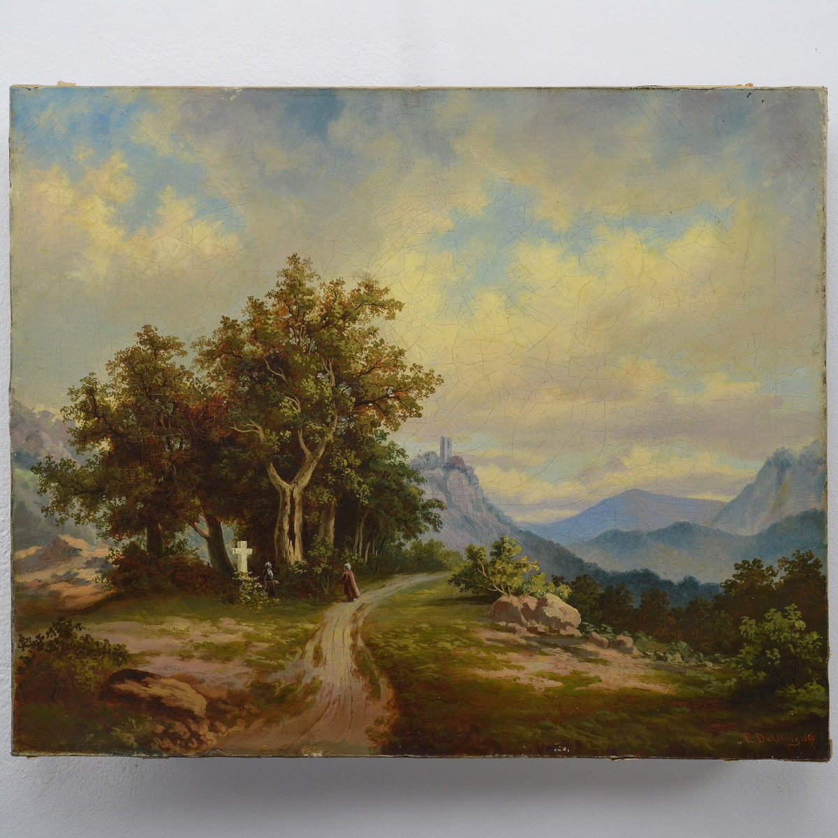 Peinture Huile Paysage Alpin 1869 Moine Croix de Chemin Romantique Signé