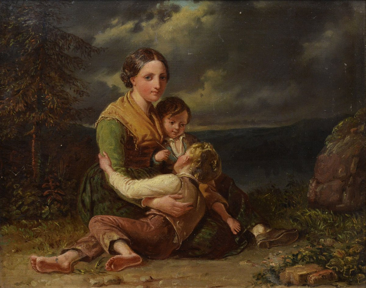 Portrait de Famille Peinture Huile XIXe Siecle Romantique Suedois Encadre-photo-2