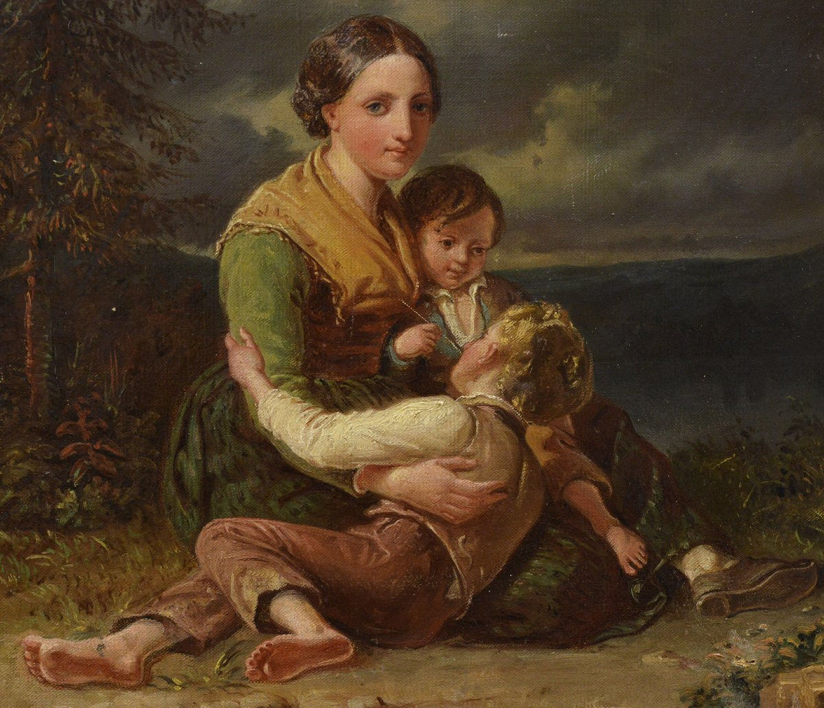 Portrait de Famille Peinture Huile XIXe Siecle Romantique Suedois Encadre-photo-3