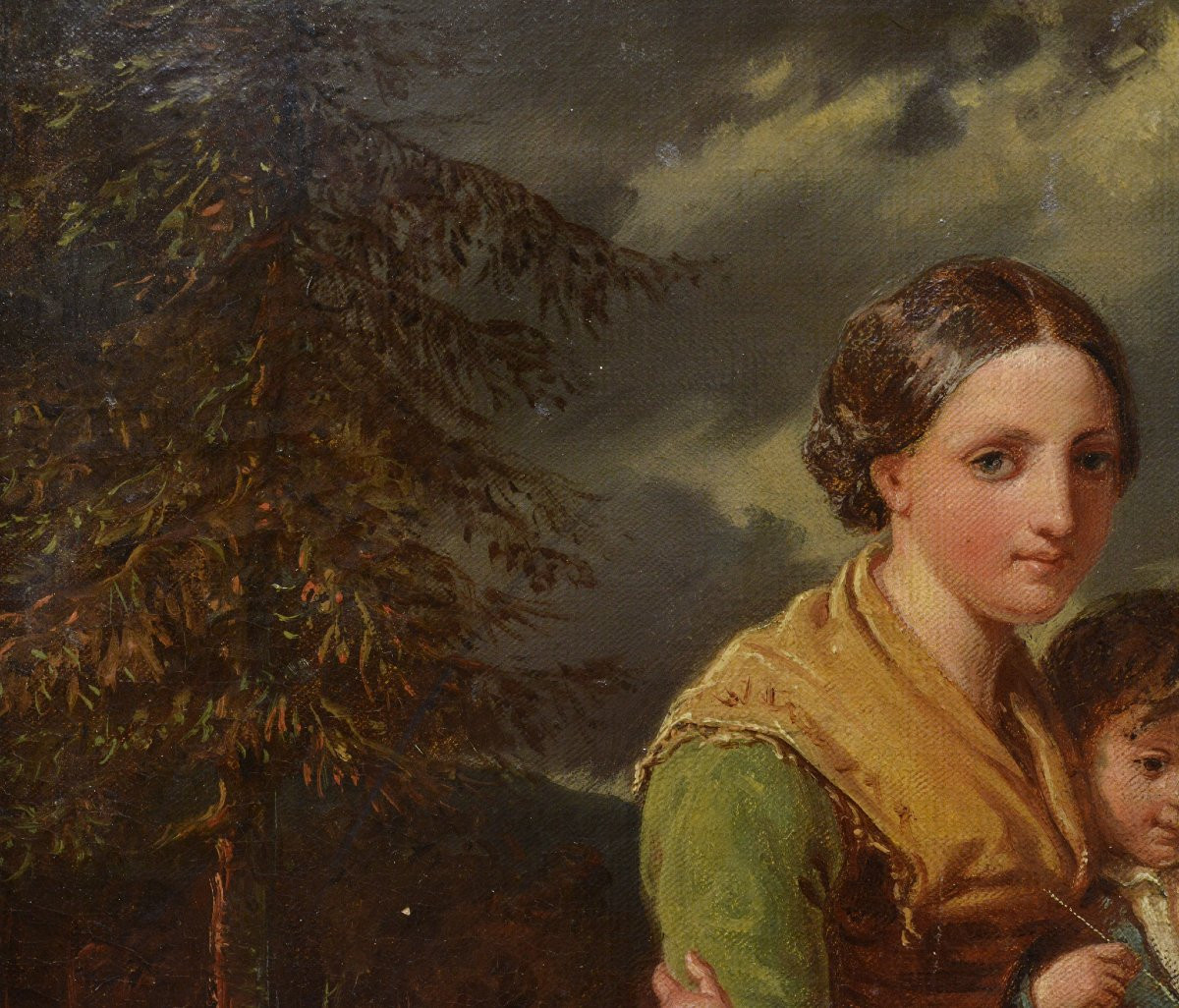 Portrait de Famille Peinture Huile XIXe Siecle Romantique Suedois Encadre-photo-1