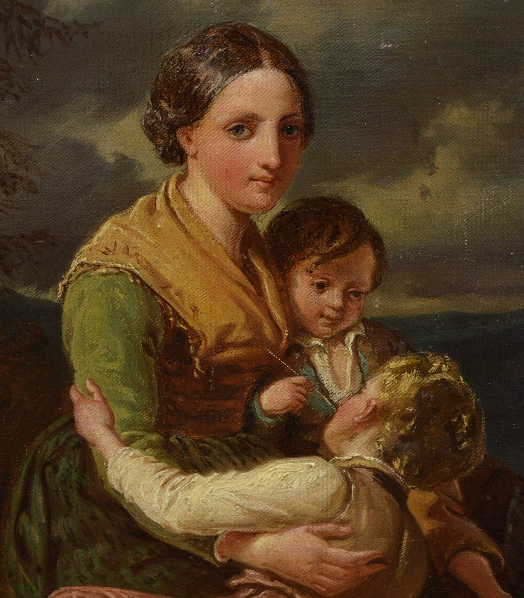 Portrait de Famille Peinture Huile XIXe Siecle Romantique Suedois Encadre-photo-2