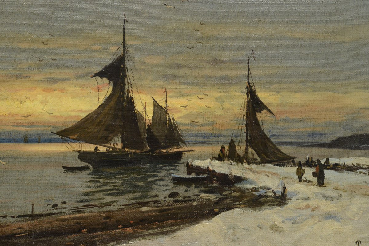 19th Century Impressionist Manner Oil Seascape Winter Sunset Harbor Scene Signed-photo-3