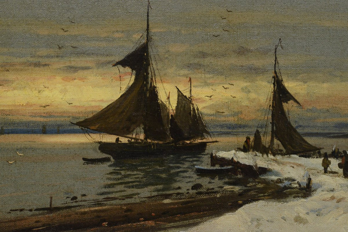 19th Century Impressionist Manner Oil Seascape Winter Sunset Harbor Scene Signed-photo-4