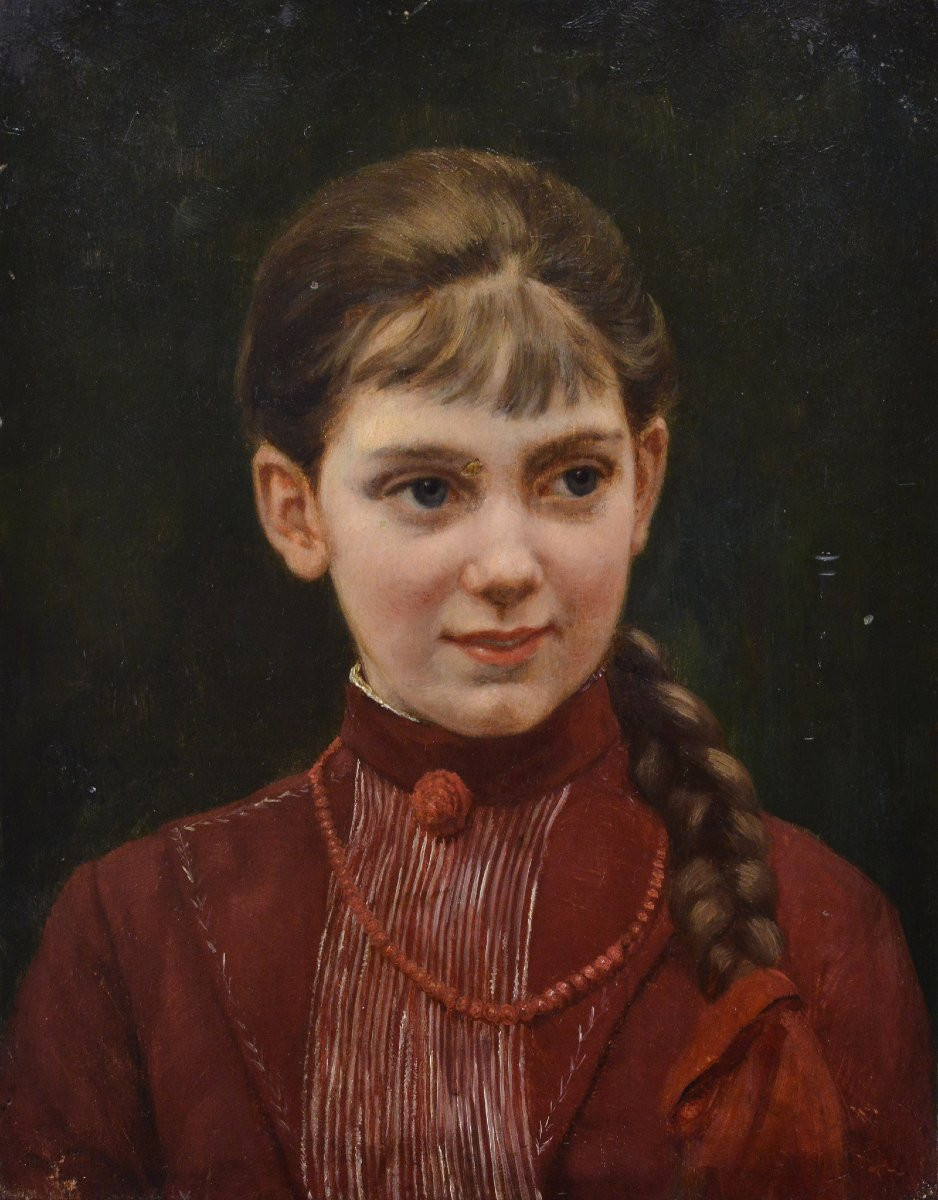 Carl Mucke 1889 German Oil On Mahogany Panel Portrait Of Young Girl Elsa Signed-photo-2