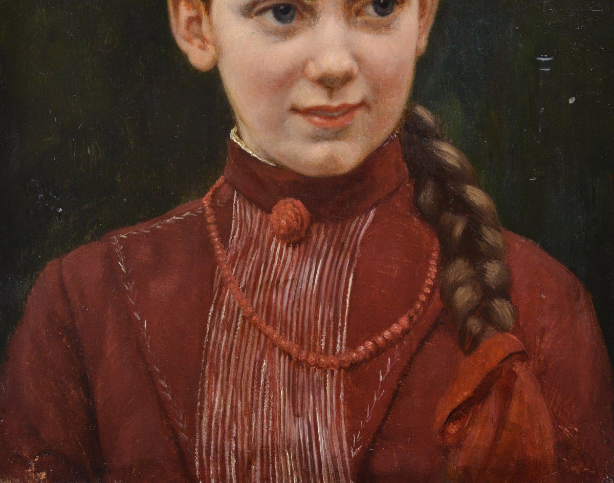 Carl Mucke 1889 German Oil On Mahogany Panel Portrait Of Young Girl Elsa Signed-photo-4