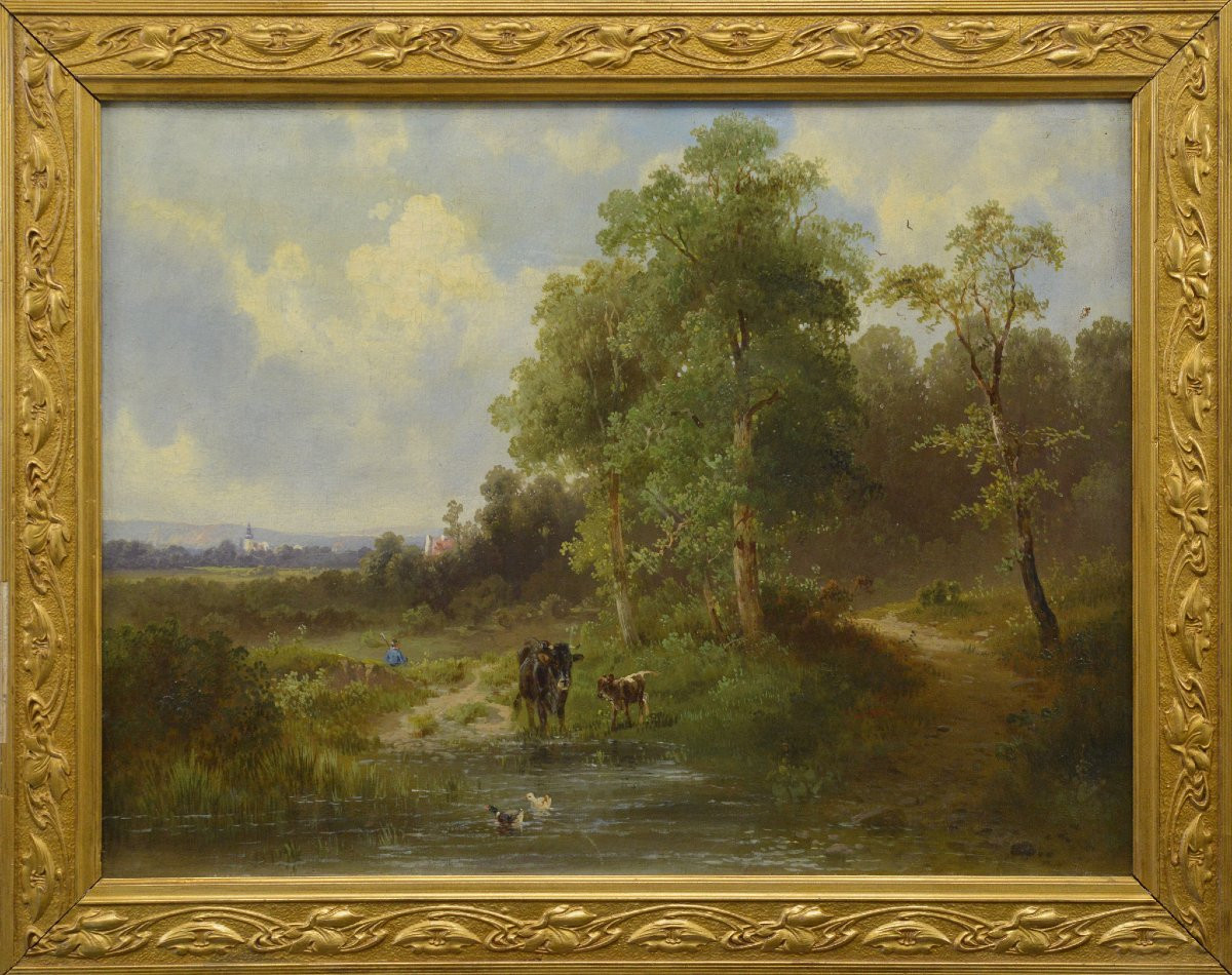 Late 19th Century European Summer Pastoral Landscape Oil Painting Gilded Frame-photo-2