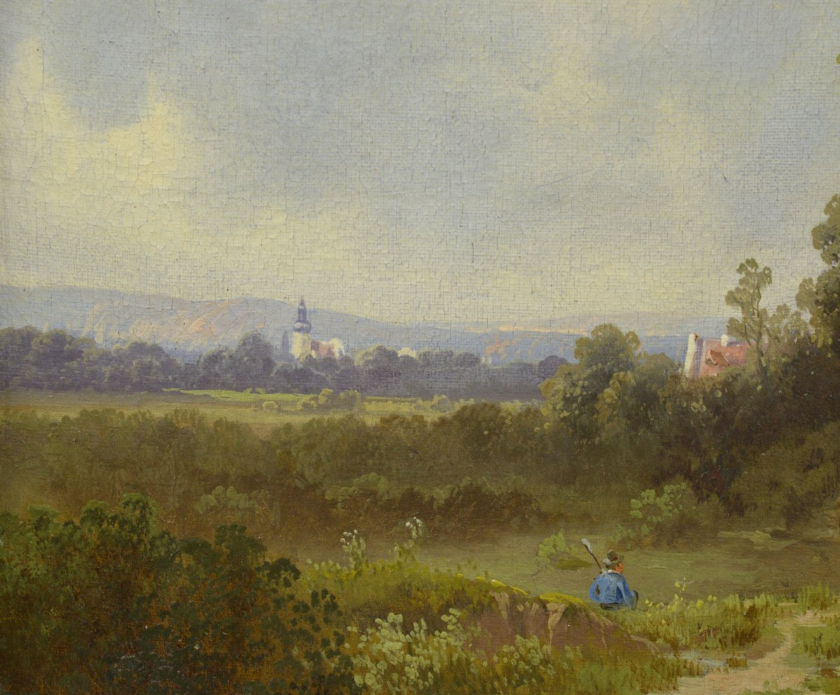 Late 19th Century European Summer Pastoral Landscape Oil Painting Gilded Frame-photo-1