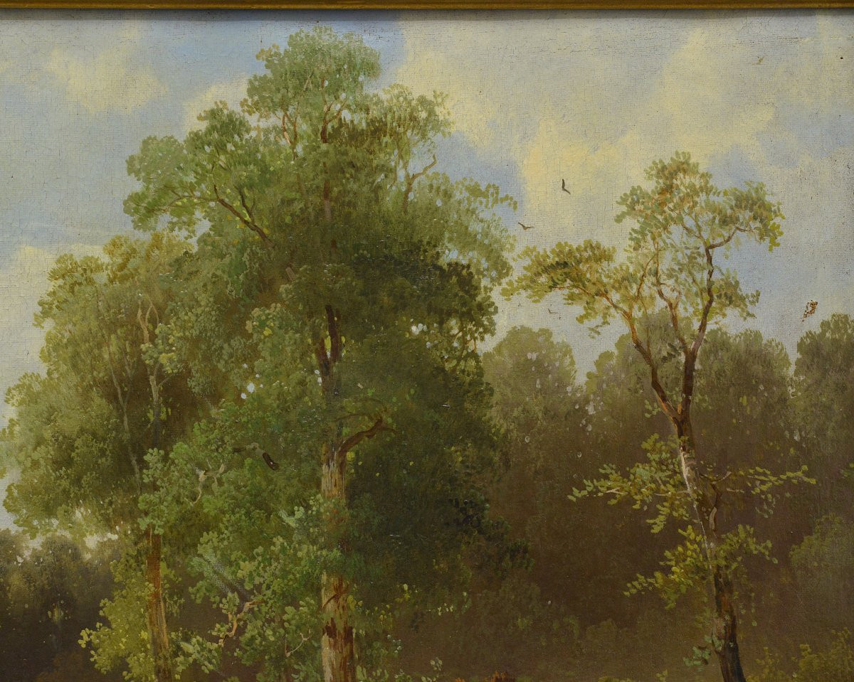 Late 19th Century European Summer Pastoral Landscape Oil Painting Gilded Frame-photo-2