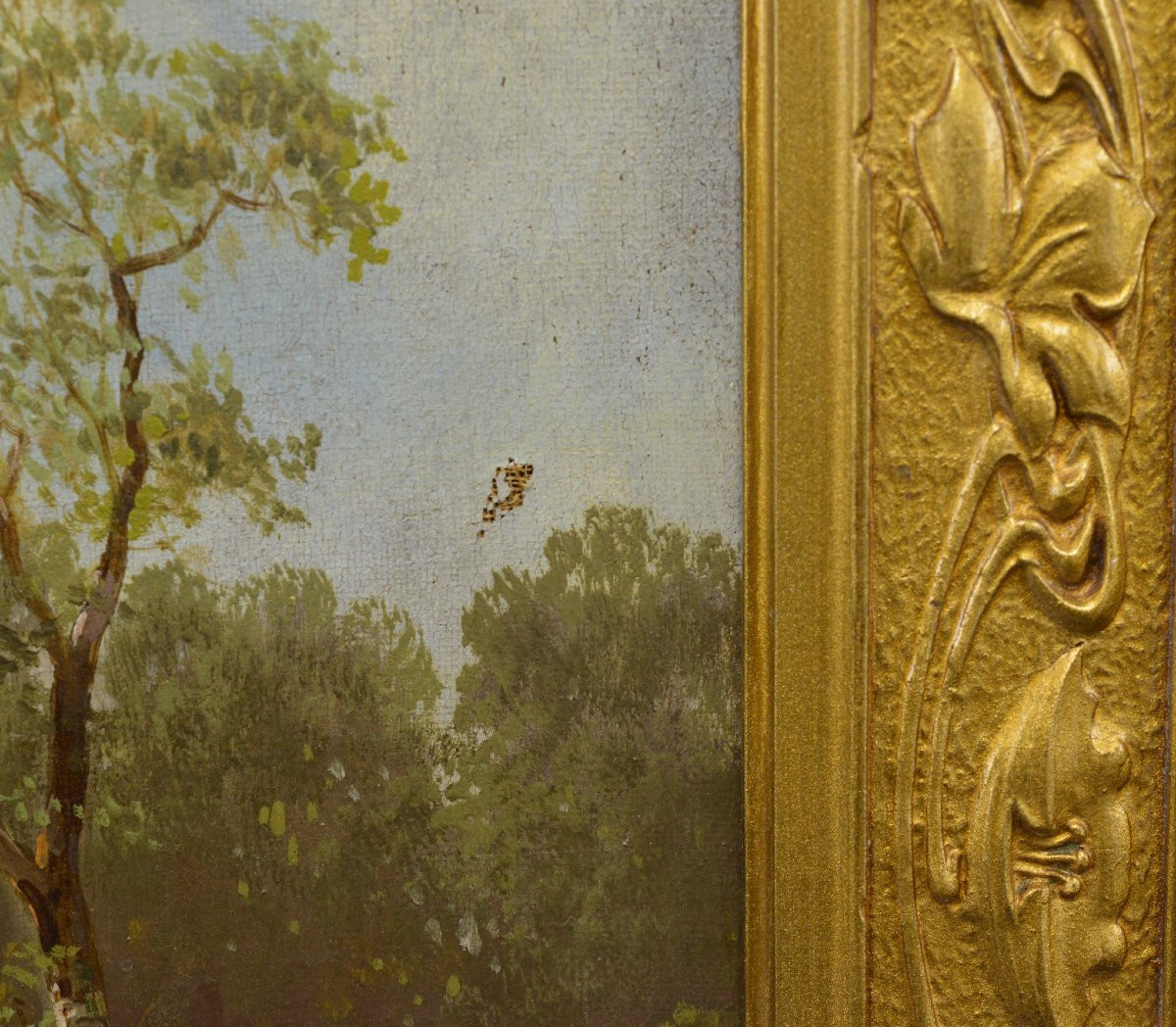 Late 19th Century European Summer Pastoral Landscape Oil Painting Gilded Frame-photo-3