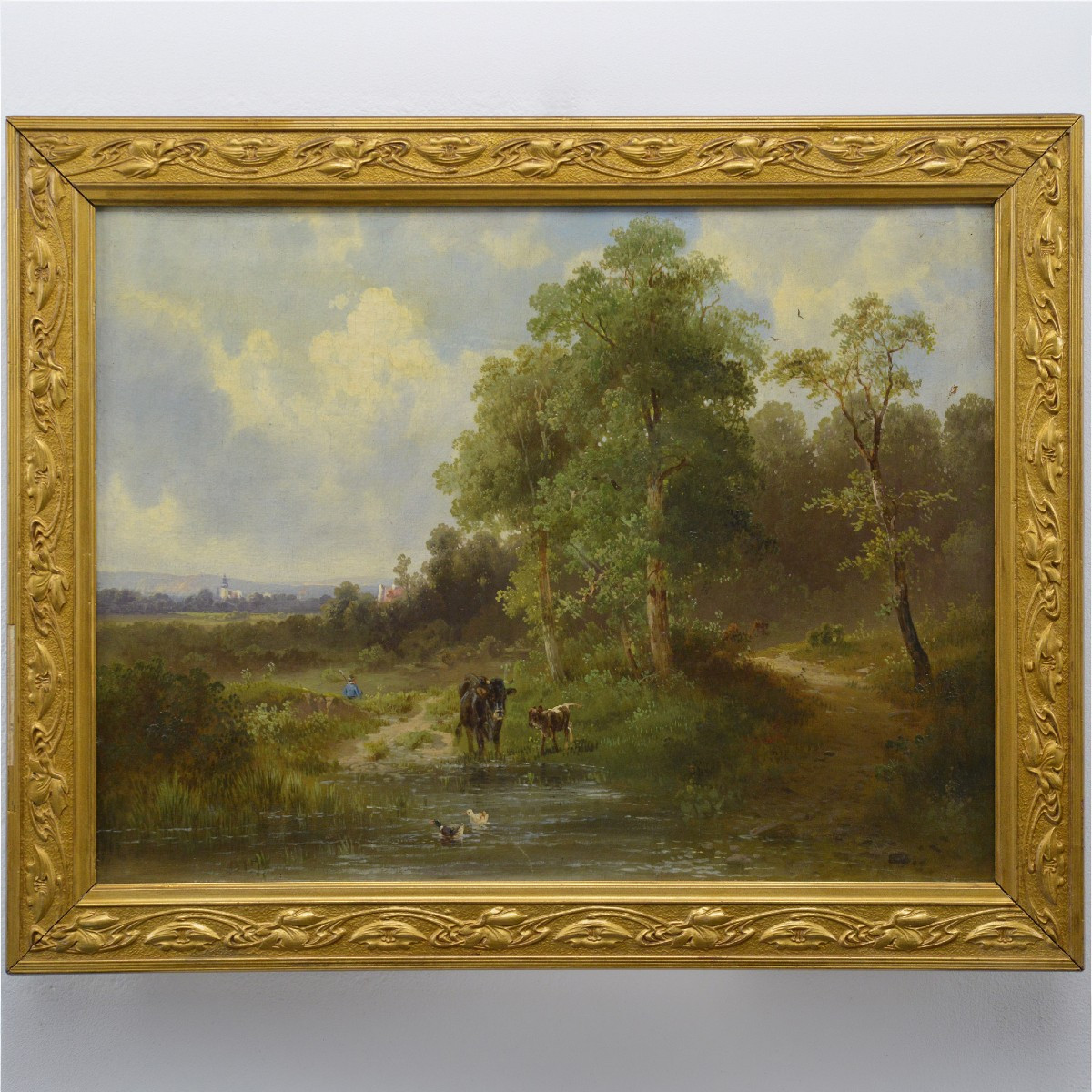 Late 19th Century European Summer Pastoral Landscape Oil Painting Gilded Frame