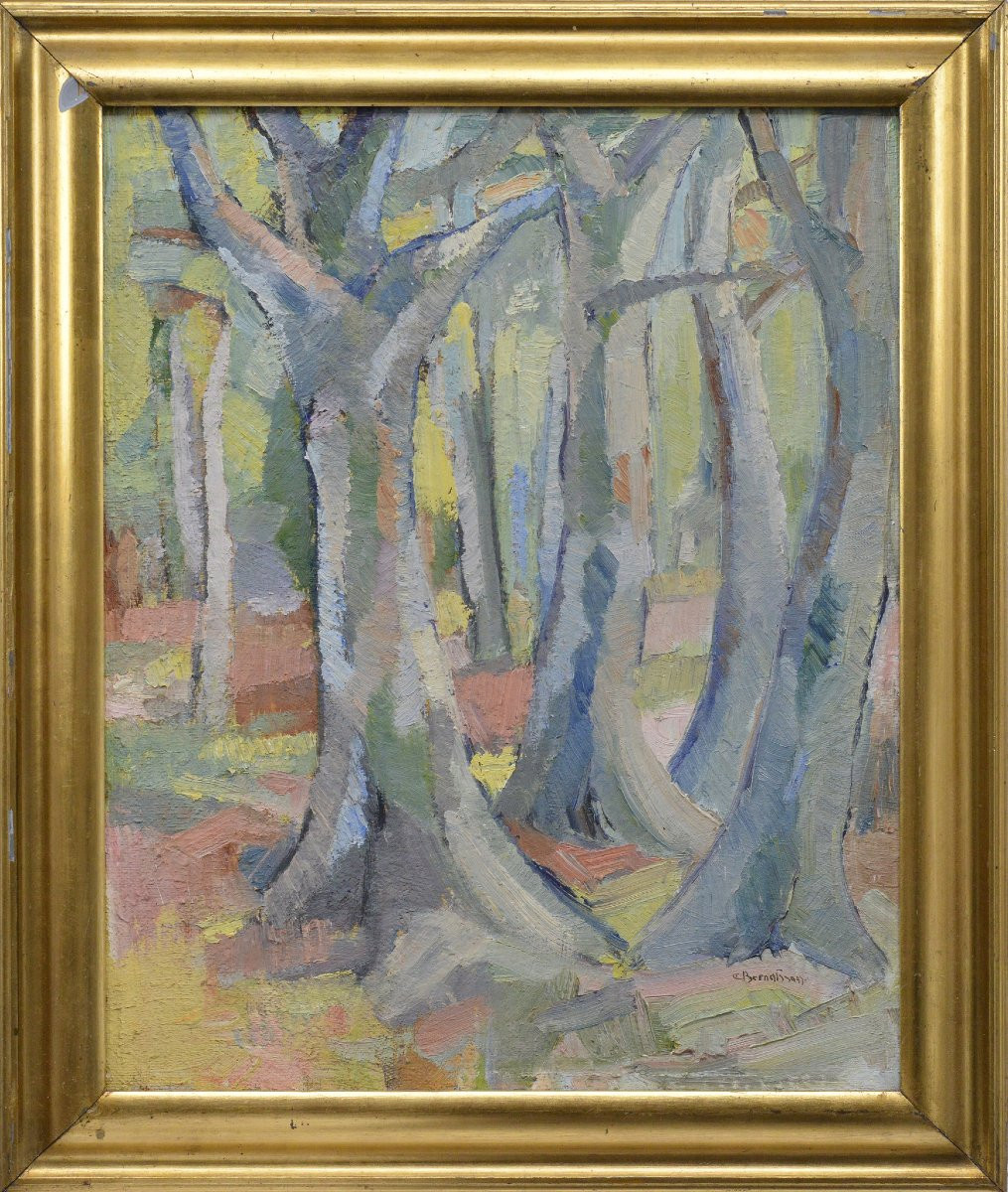 Carl Berndtsson Swedish Modernist Forest Landscape 20th C Oil Painting Framed-photo-2