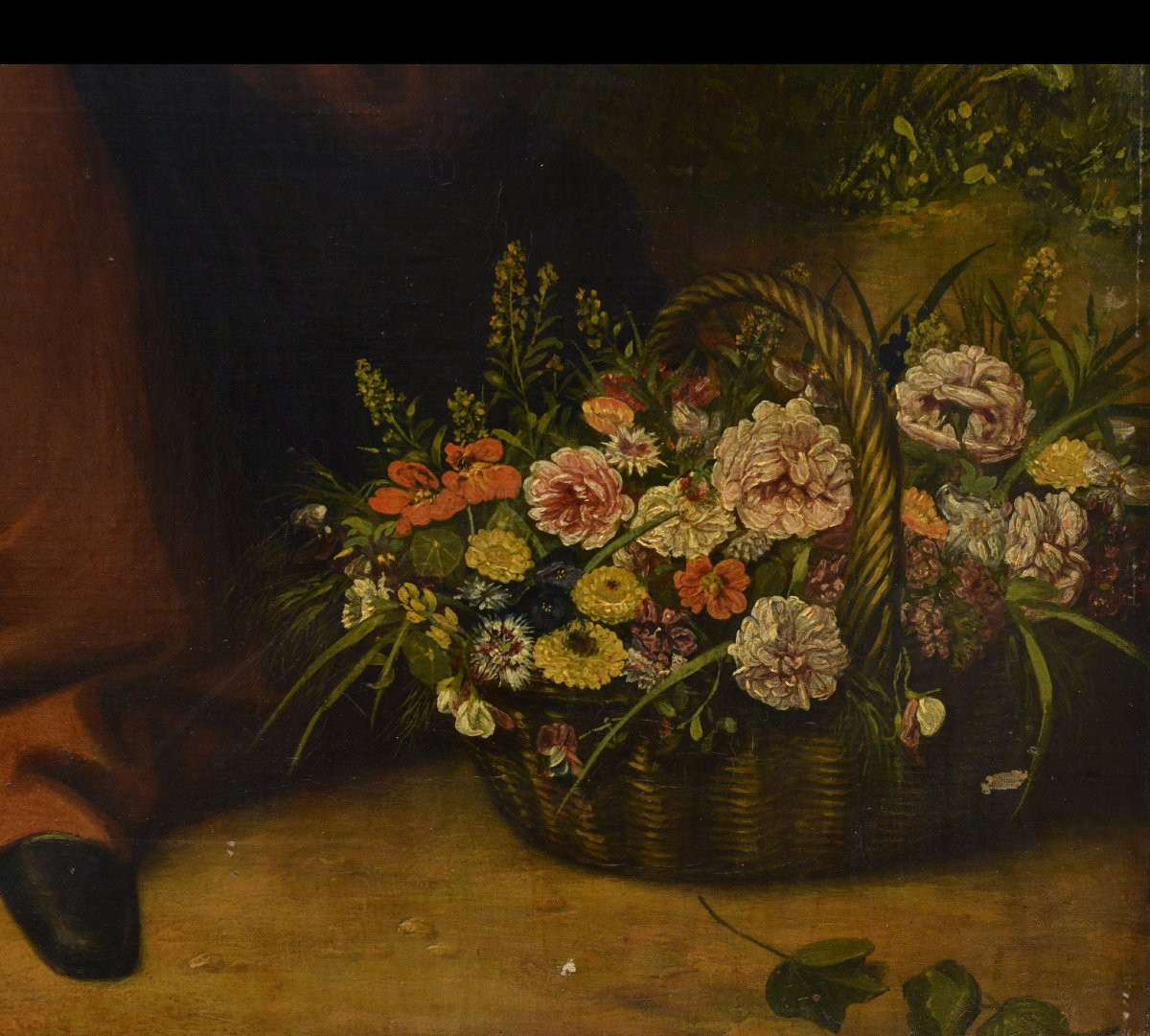 Portrait Romantique Debut 19e Siecle Jeune Femme Panier de Fleurs Huile Toile-photo-1