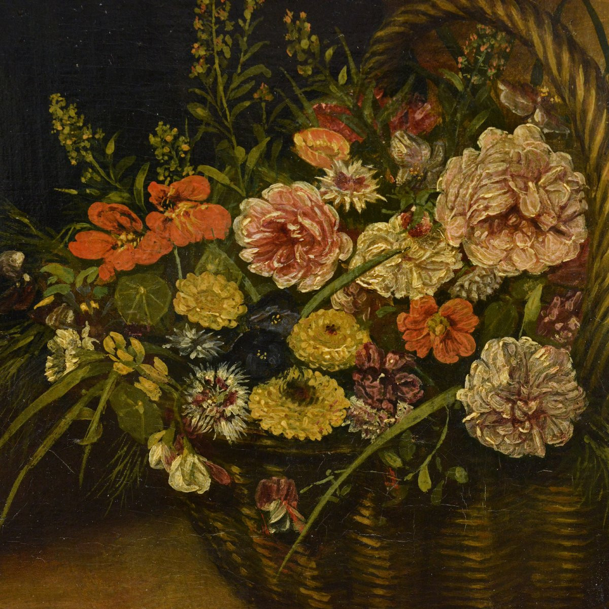 Portrait Romantique Debut 19e Siecle Jeune Femme Panier de Fleurs Huile Toile-photo-2