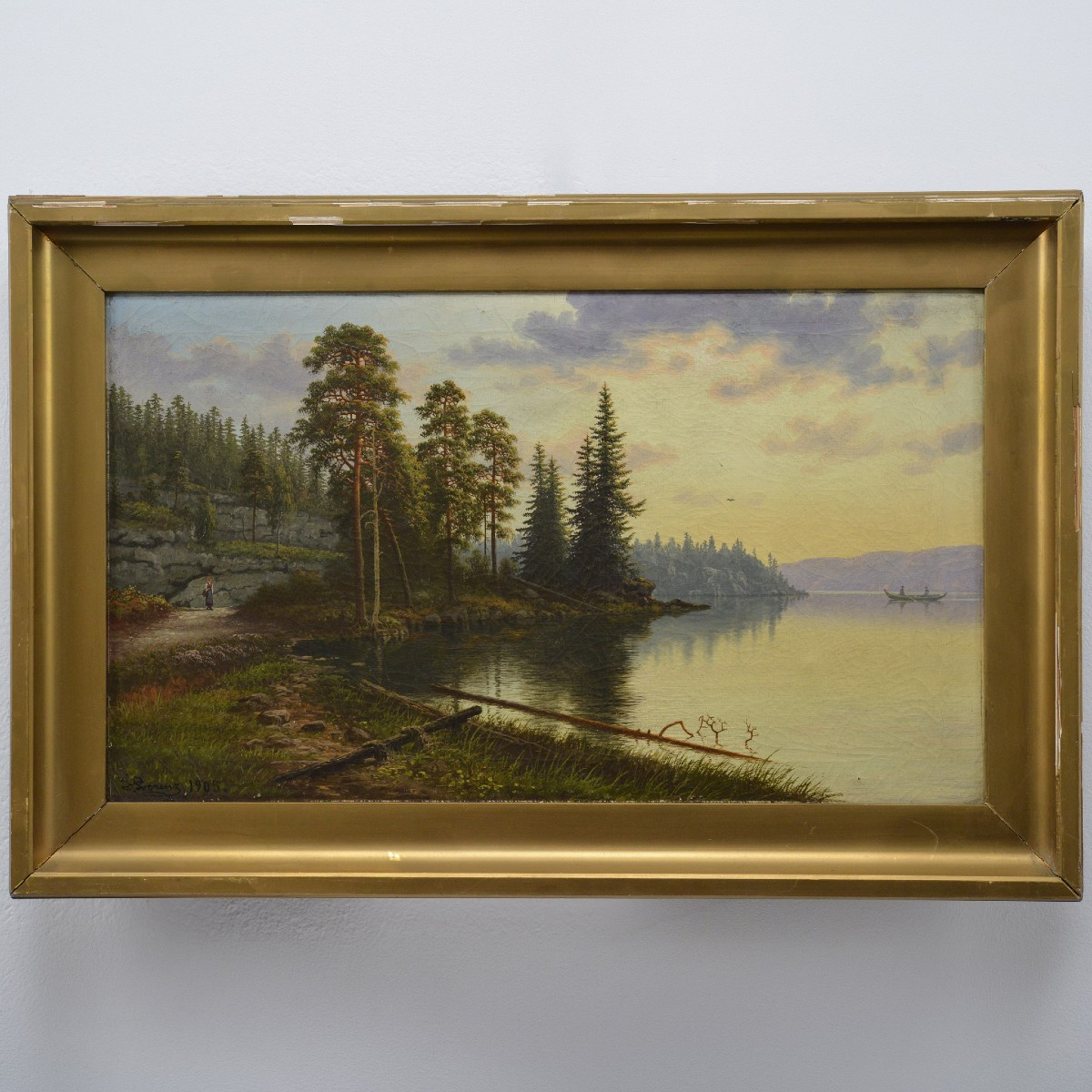 Antique 1905 Scandinavian Romantic Landscape Oil On Canvas Nordic Fjord Signed