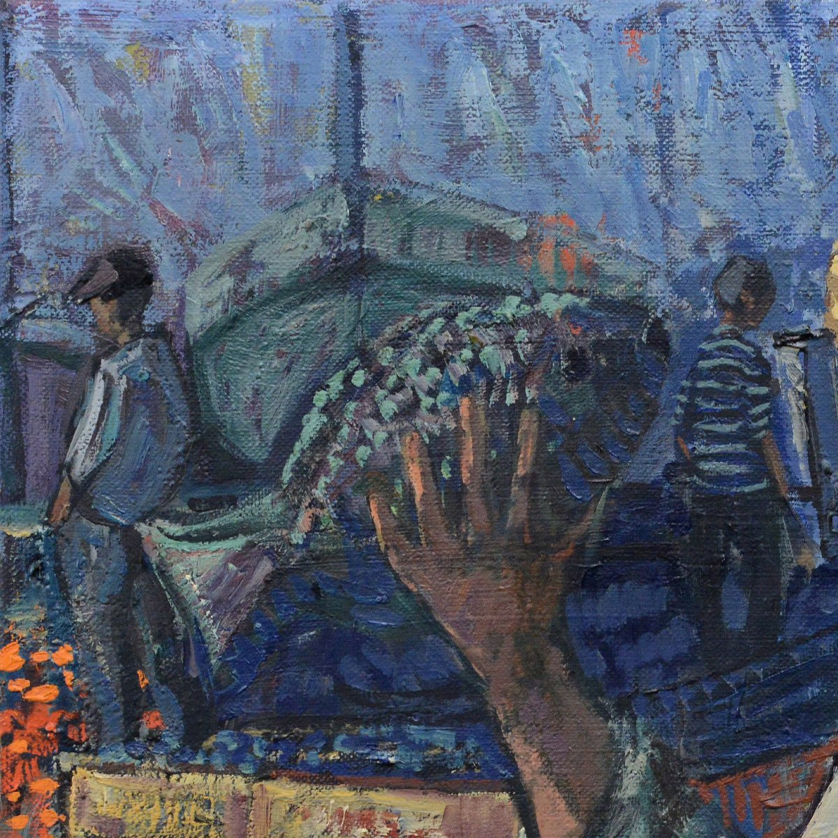 1960s Vintage Swedish Oil Painting Fish Market Scene By Modernist Henry Eldin-photo-3