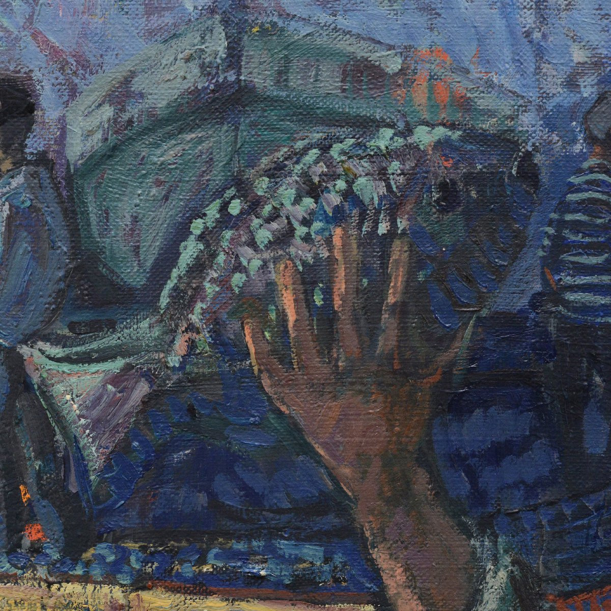 1960s Vintage Swedish Oil Painting Fish Market Scene By Modernist Henry Eldin-photo-4