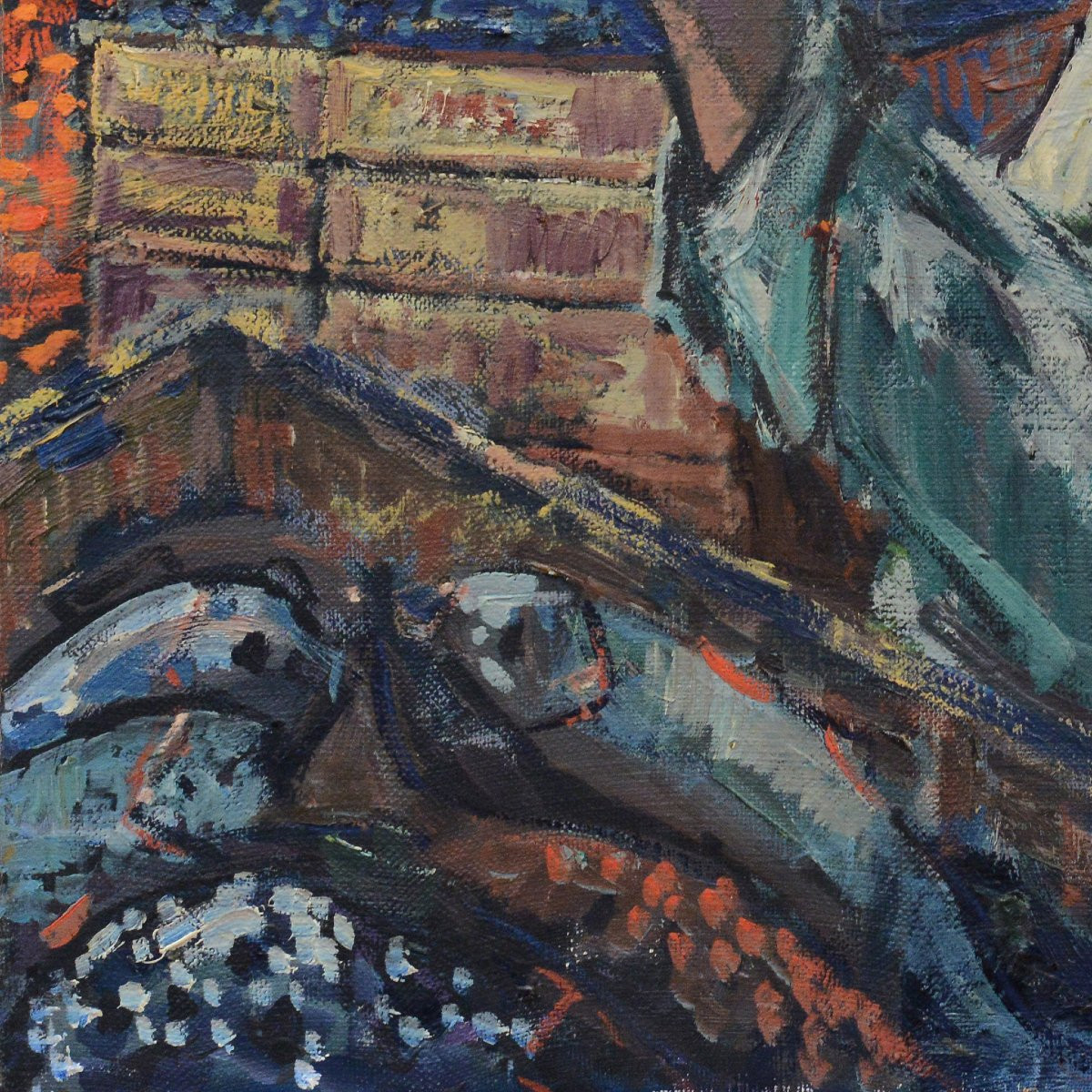 1960s Vintage Swedish Oil Painting Fish Market Scene By Modernist Henry Eldin-photo-1