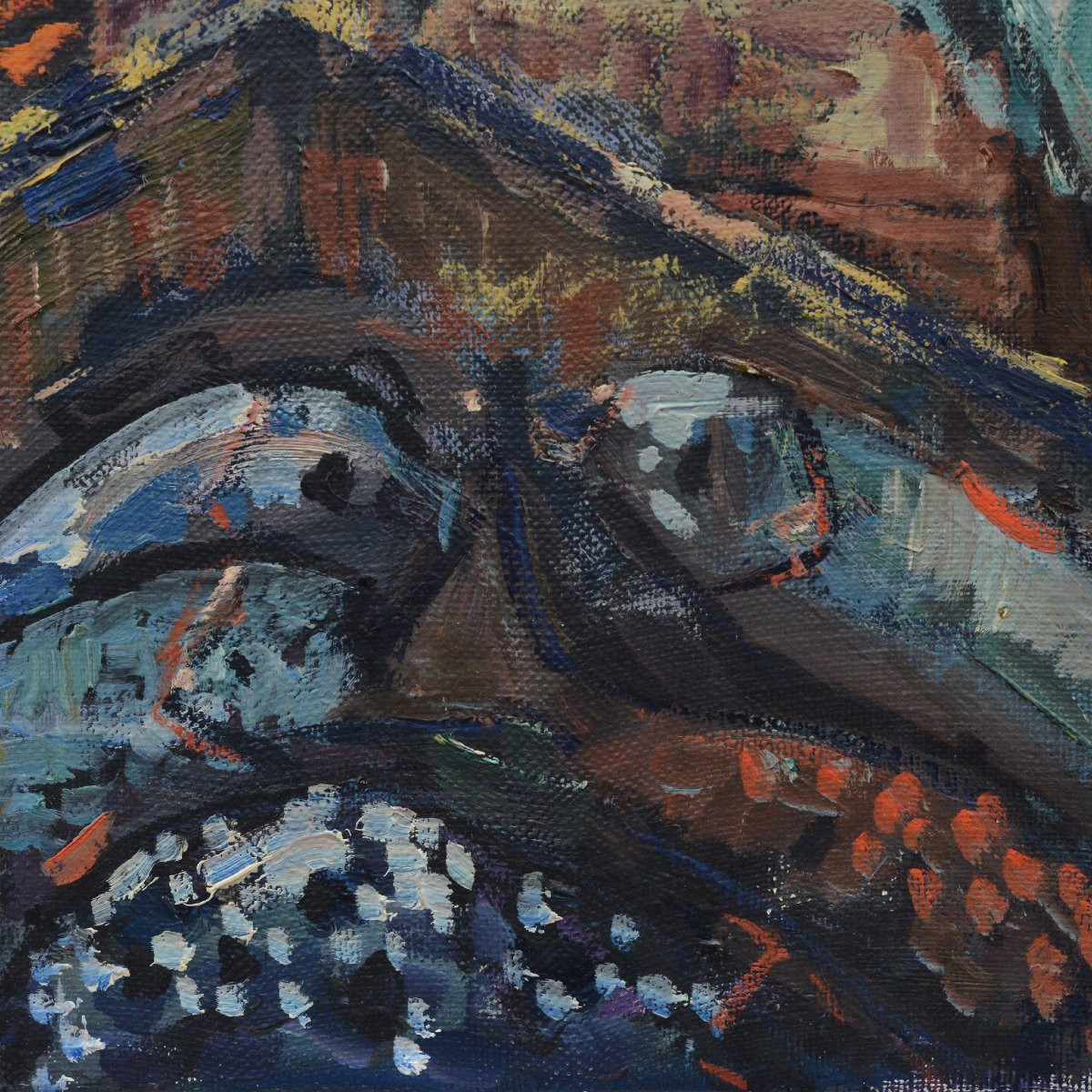 1960s Vintage Swedish Oil Painting Fish Market Scene By Modernist Henry Eldin-photo-2