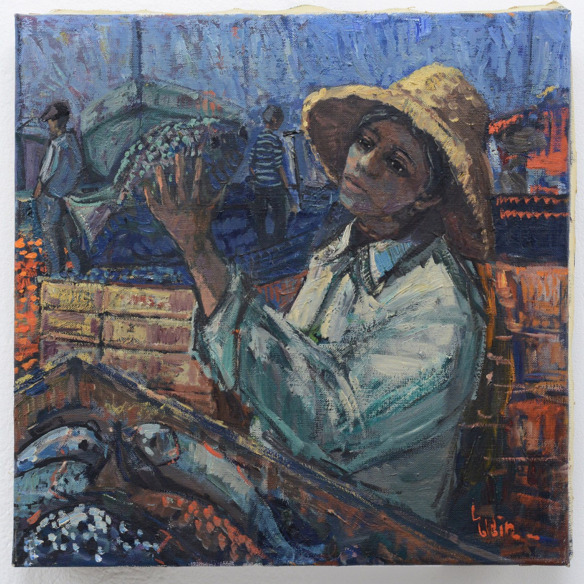 1960s Vintage Swedish Oil Painting Fish Market Scene By Modernist Henry Eldin