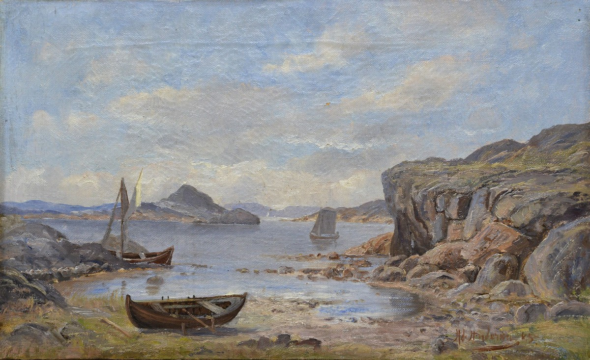 1885 Antique Scandinavian Coastal Scene Fishing Boats Oil Painting By Andersson-photo-2