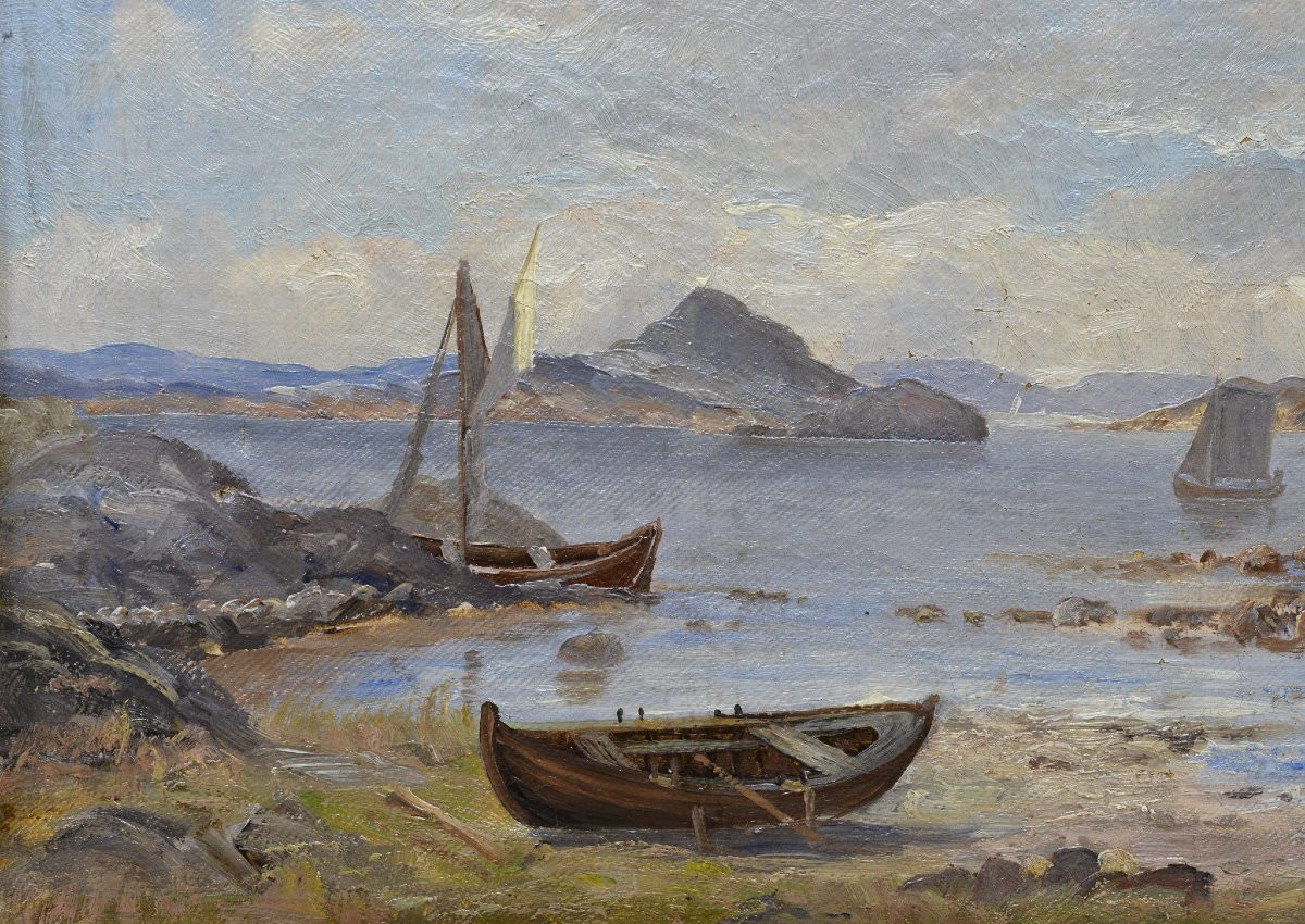 1885 Antique Scandinavian Coastal Scene Fishing Boats Oil Painting By Andersson-photo-3