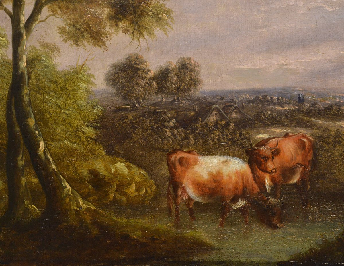 18th Century Antique Pastoral Landscape Cows Watering Hole Original Oil Canvas-photo-2