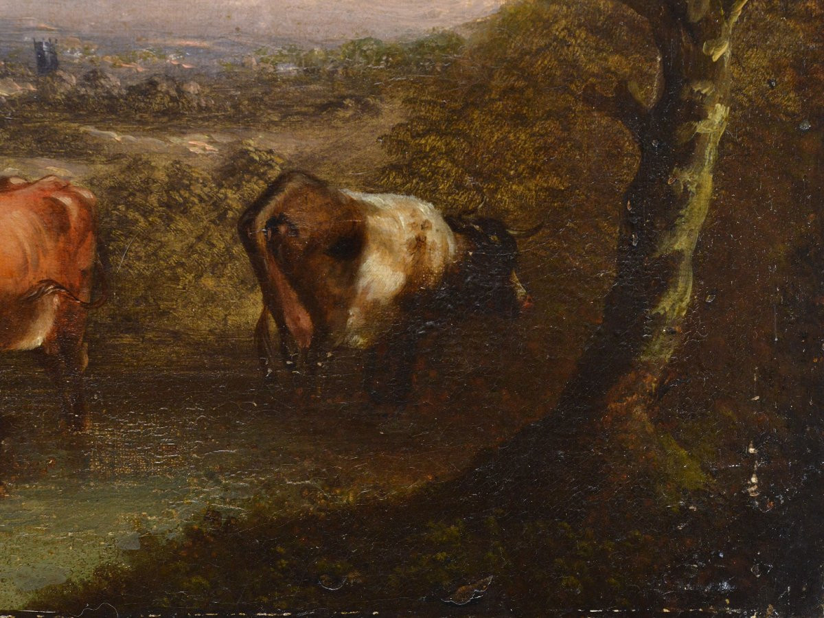 18th Century Antique Pastoral Landscape Cows Watering Hole Original Oil Canvas-photo-3