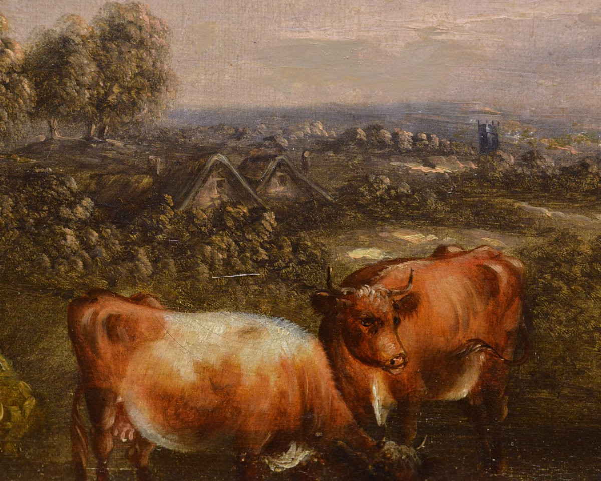 18th Century Antique Pastoral Landscape Cows Watering Hole Original Oil Canvas-photo-4