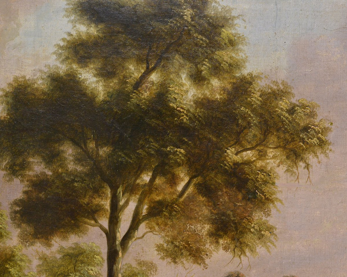18th Century Antique Pastoral Landscape Cows Watering Hole Original Oil Canvas-photo-1