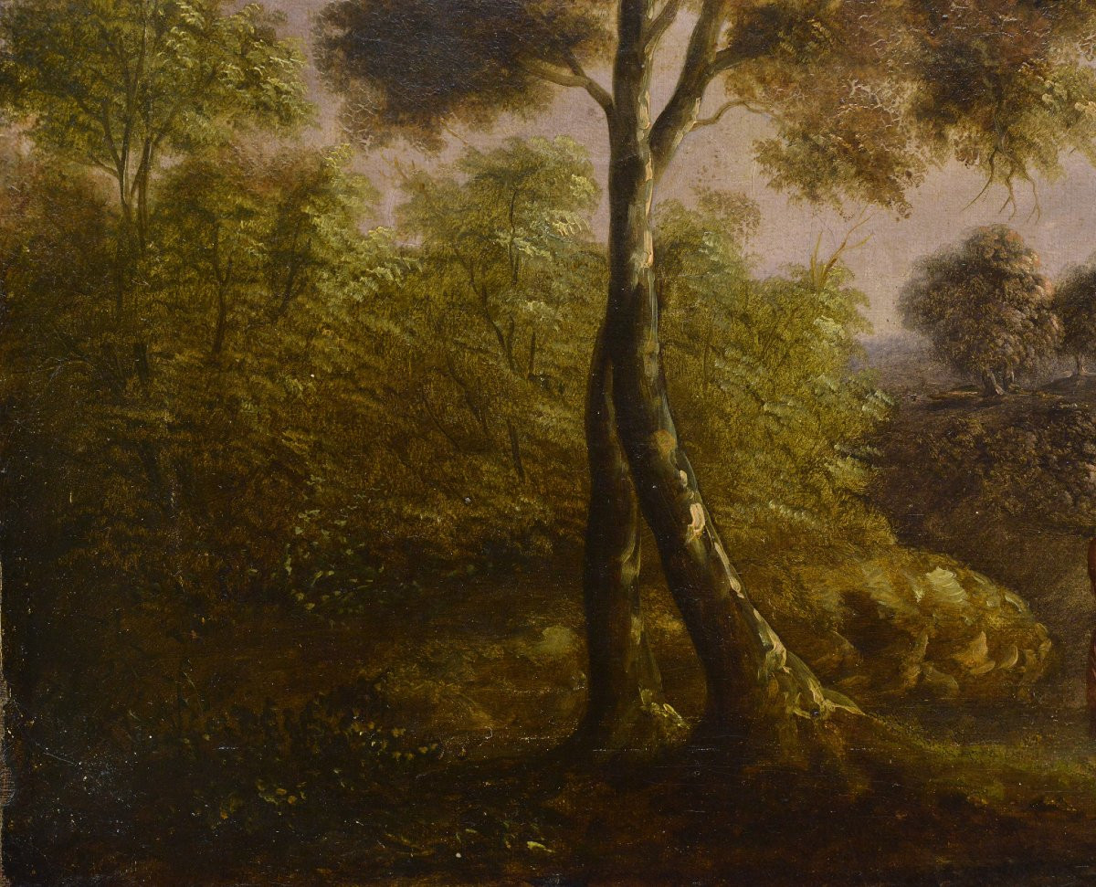 18th Century Antique Pastoral Landscape Cows Watering Hole Original Oil Canvas-photo-2
