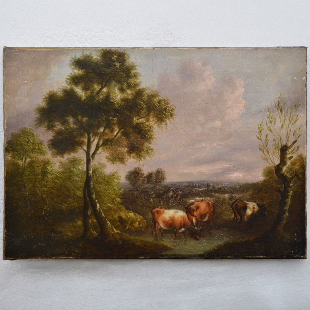 18th Century Antique Pastoral Landscape Cows Watering Hole Original Oil Canvas