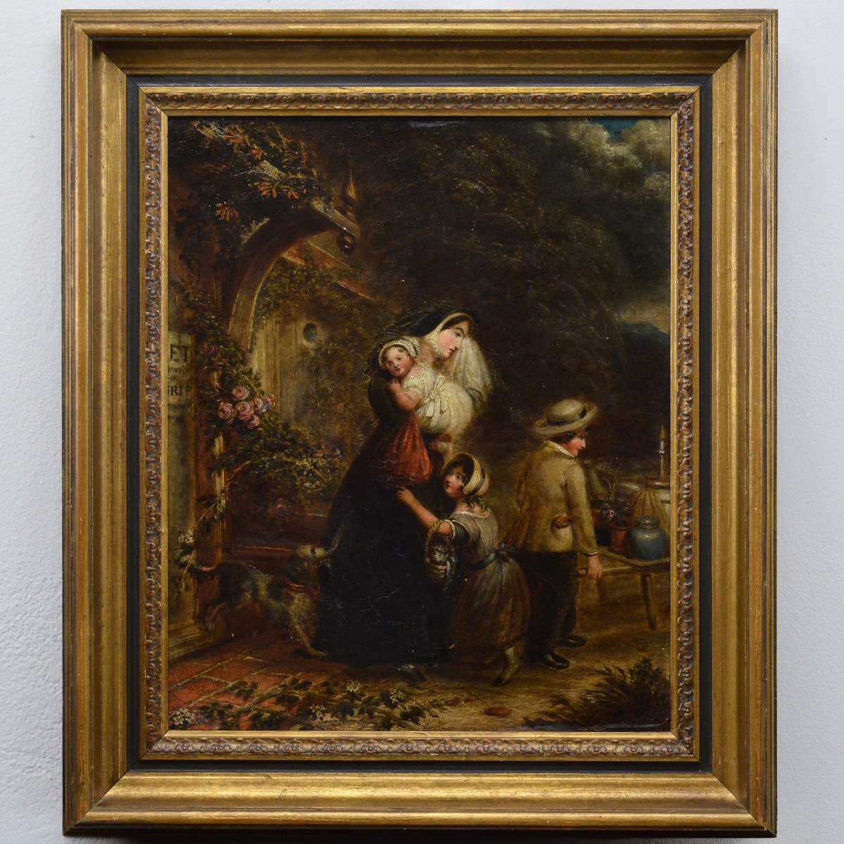 Peinture a l huile originale 19e siecle epoque victorienne scene encadree
