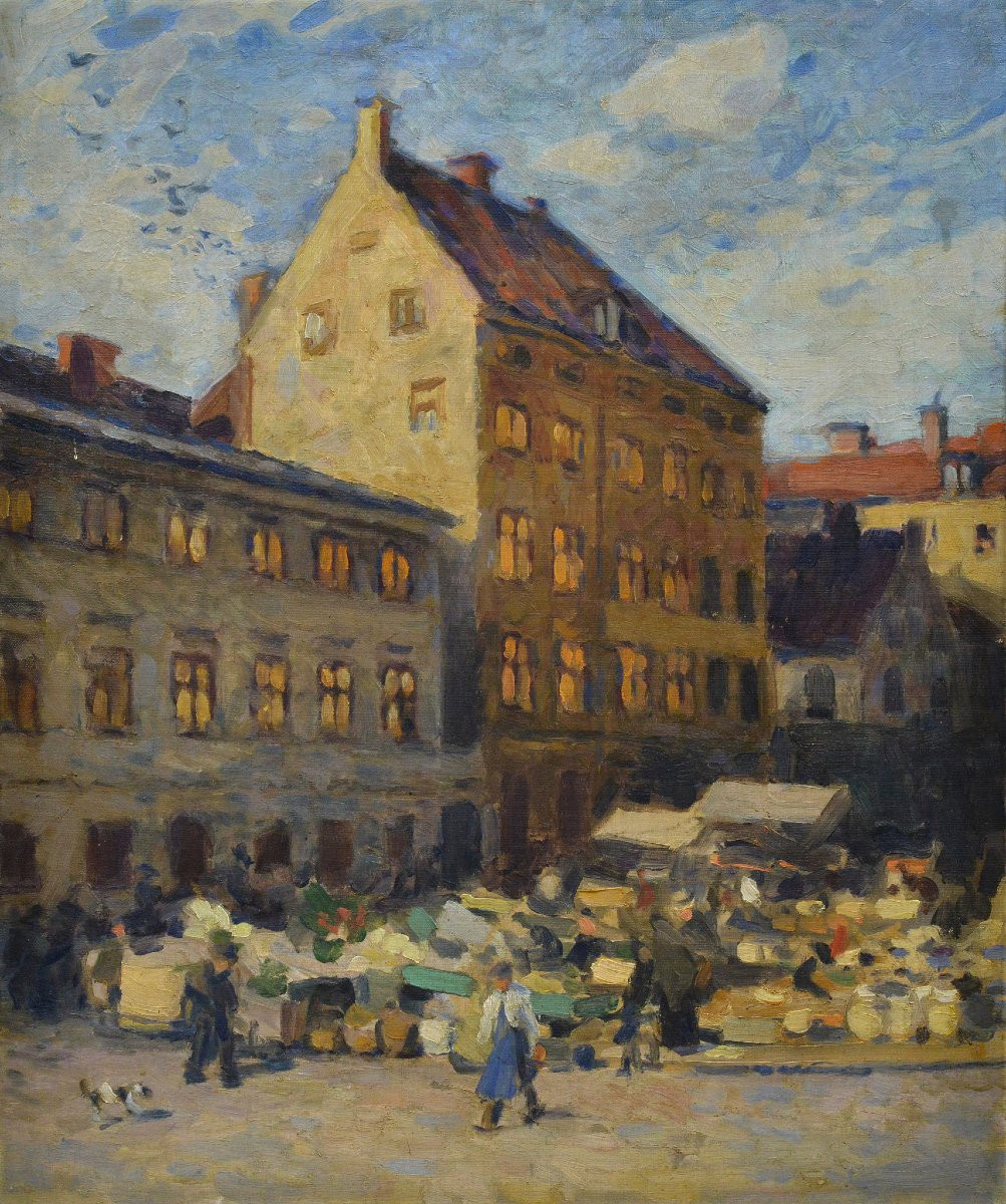 Peinture huile paysage urbain scandinave impressionniste place du marche debut 20e-photo-2