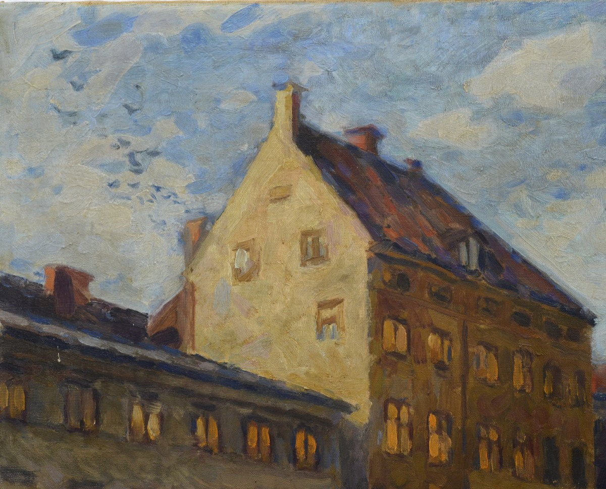 Peinture huile paysage urbain scandinave impressionniste place du marche debut 20e-photo-3