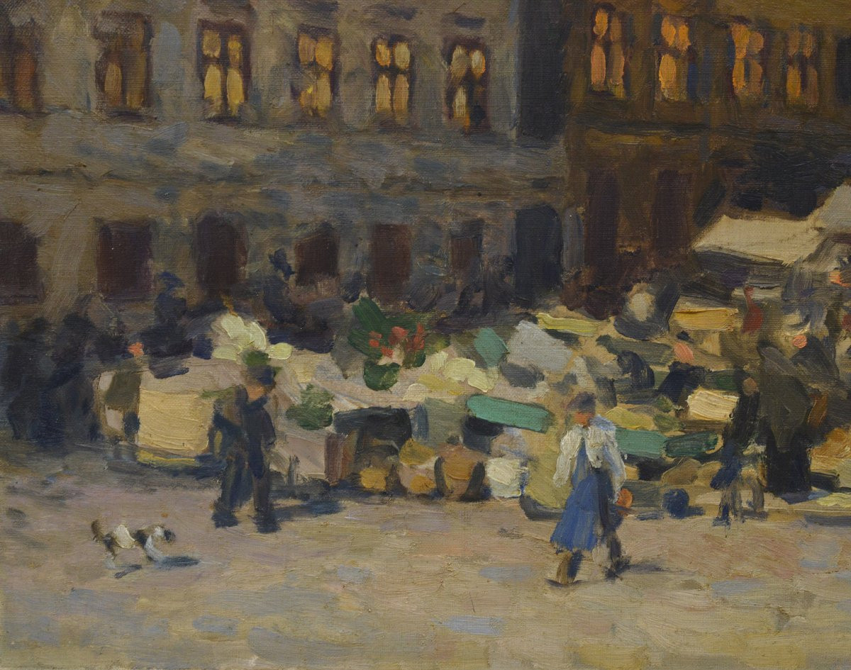 Peinture huile paysage urbain scandinave impressionniste place du marche debut 20e-photo-4