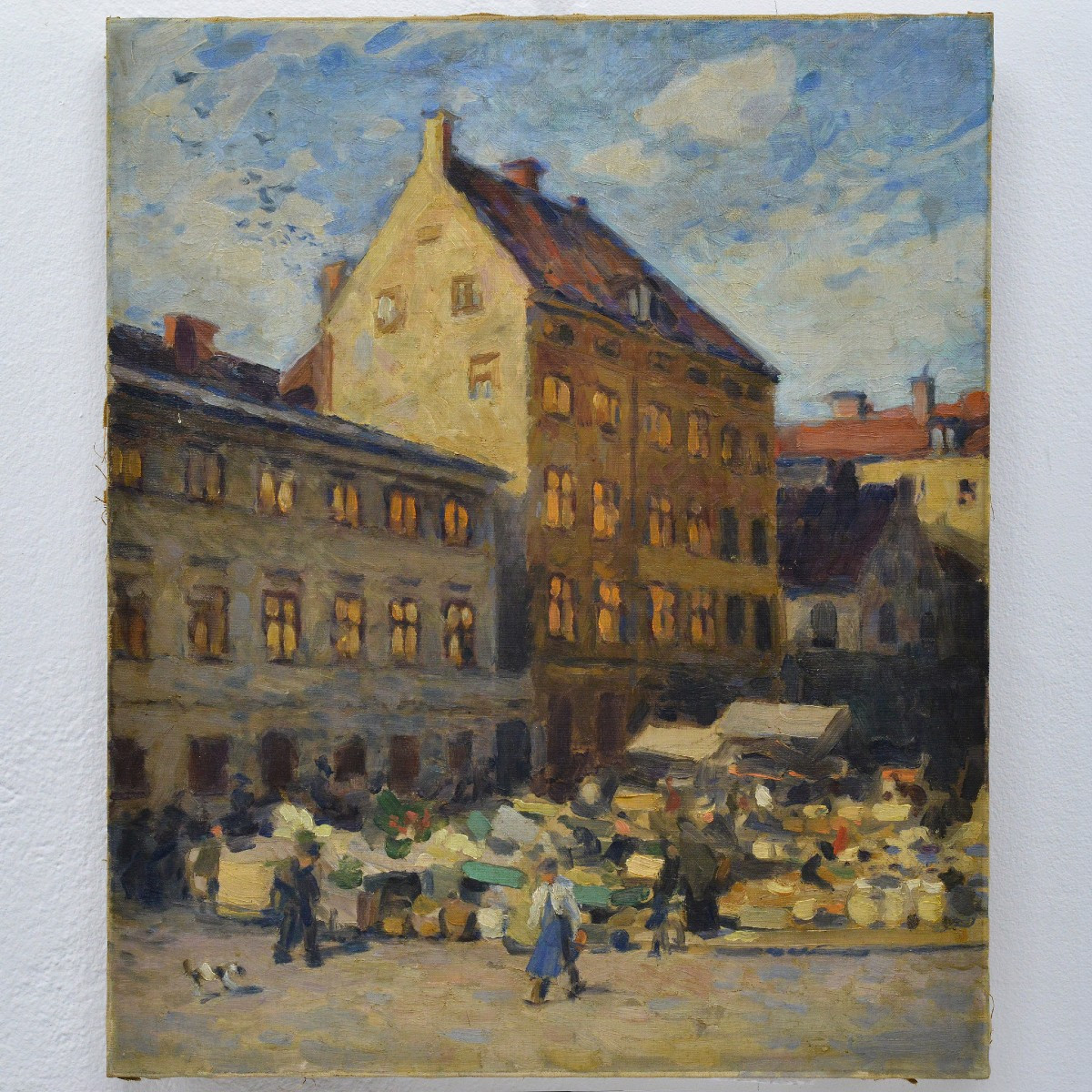 Peinture huile paysage urbain scandinave impressionniste place du marche debut 20e