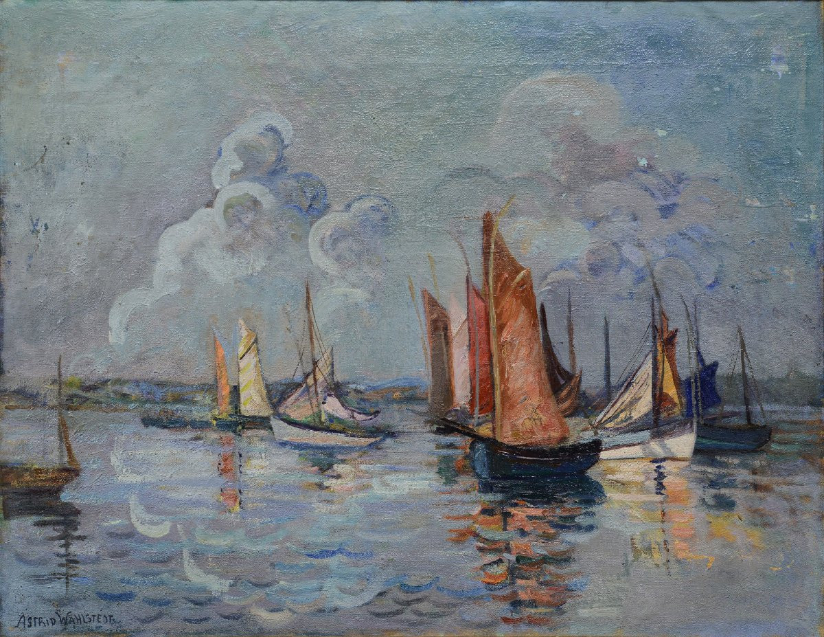 Early 20th C Antique Scandinavian Impressionist Seascape Oil Painting Sailboats-photo-2